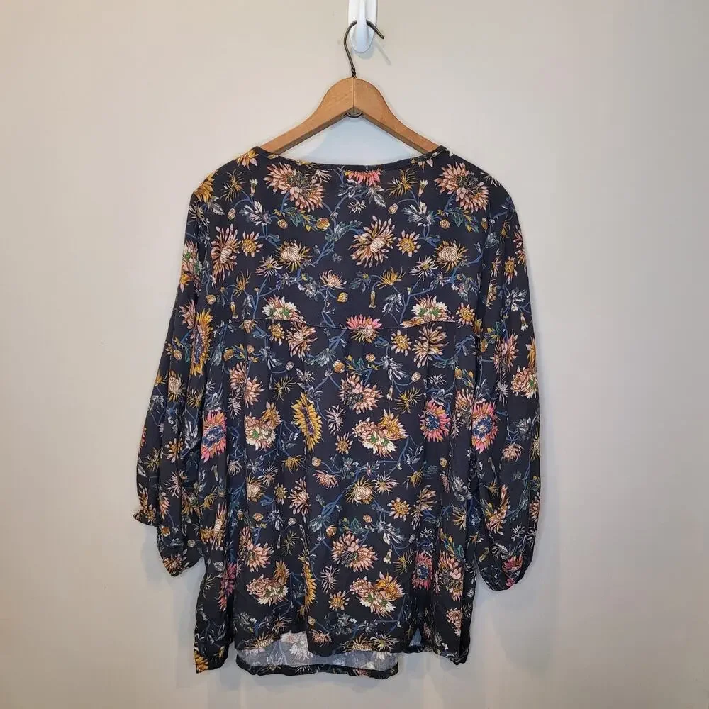 Natural Life Floral Peasant Top 3/4 Sleeves Size XXL Tie Boho Cottagecore - Picture 7 of 9